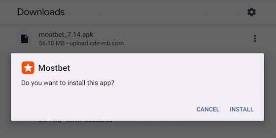Android confirmation dialog for installing the Mostbet APK