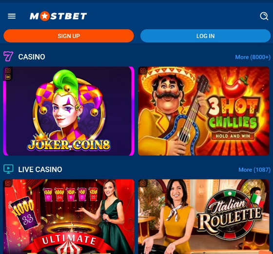 Mostbet mobile casino and live casino game catalog