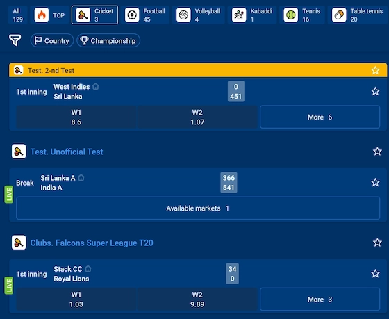 Cricket matches and markets in the Mostbet app