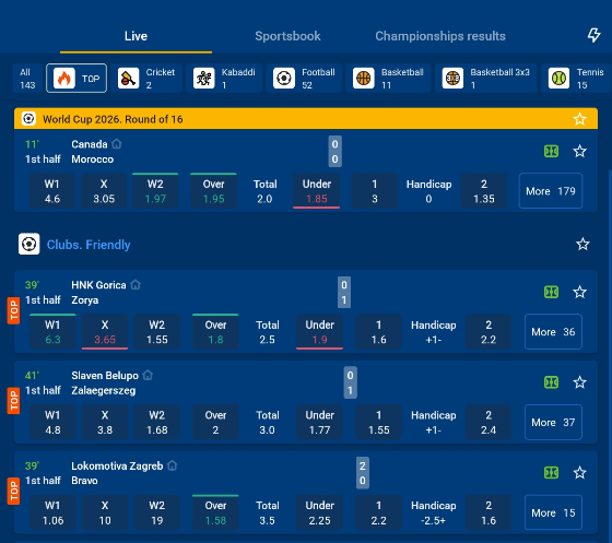 Live football betting markets in the Mostbet app