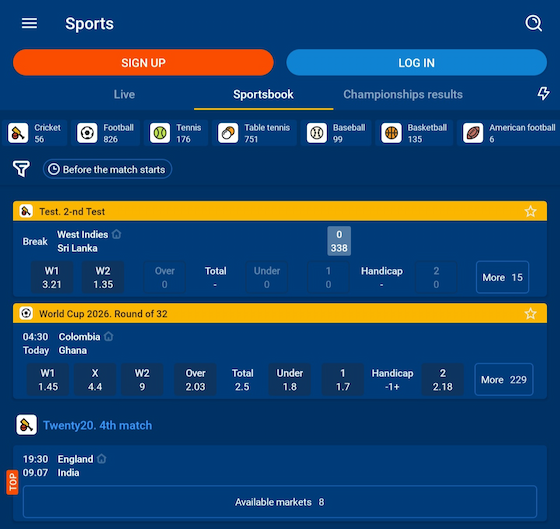 Mostbet mobile sportsbook with cricket, football, and other sports