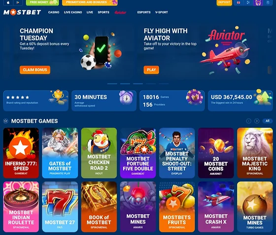 Mostbet homepage with casino games and promotions