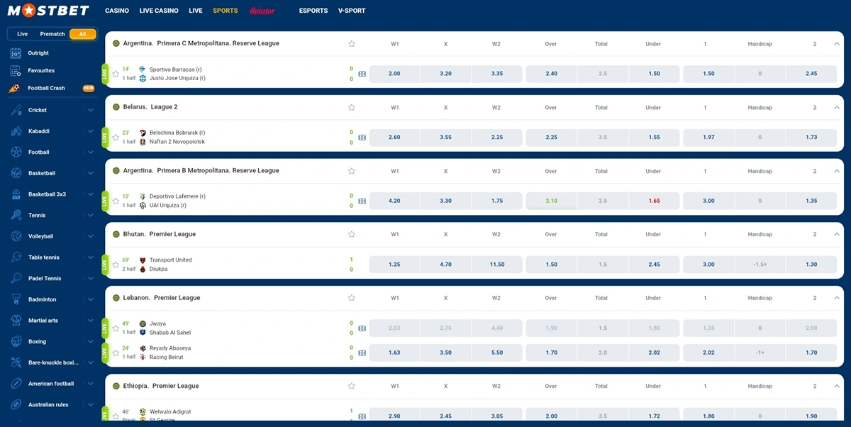 Mostbet sports betting interface
